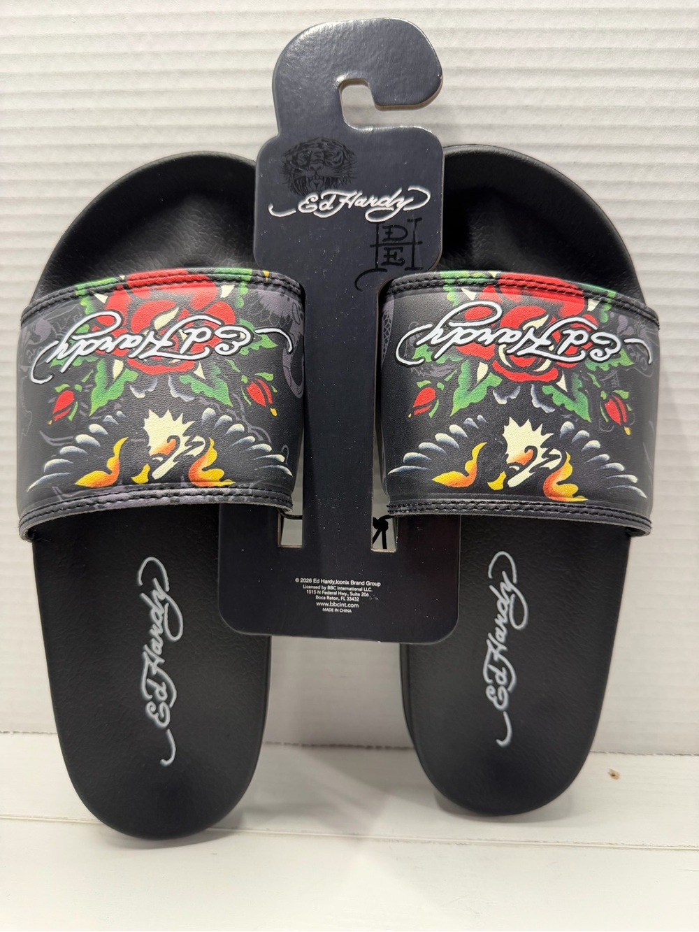 Ed Hardy Traditional Eagle Red Rose Tattoo Green Leaf Slides Sandal Mens Size 7